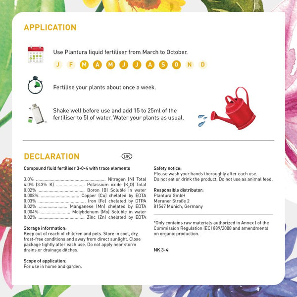 Product information for liquid flower fertiliser by Plantura