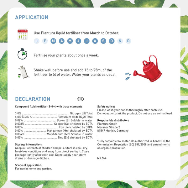 Product information for liquid houseplant fertiliser by Plantura